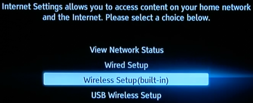 Blu-ray network setup method selection screen