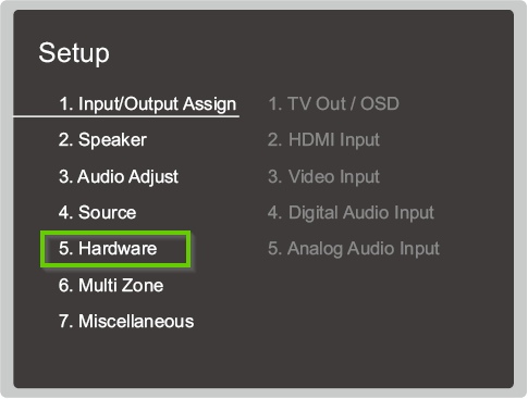 Onkyo setup menu highlighting the hardware option.