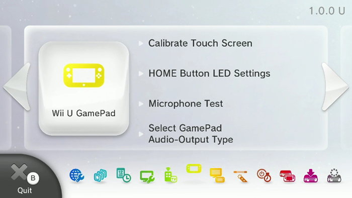 Nintendo Wii U system settings menu highlighting the Wii U gamepad icon.