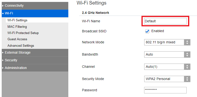 A router GUI with the Wi-Fi name highlighted