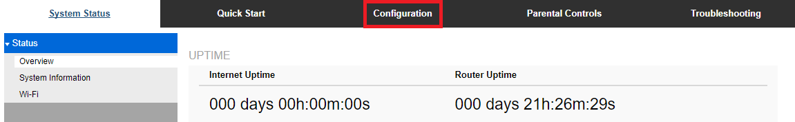 Router page with Configuration selected. Screenshot.
