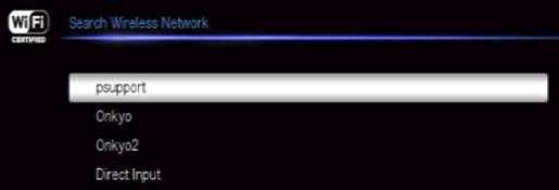 Onkyo search wireless network screen displaying a list of available wireless networks.