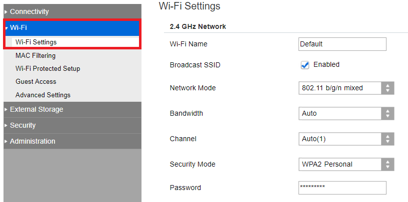 Wi-Fi menu with Wi-Fi Settings selected. Screenshot.