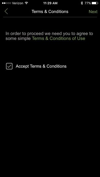 Terms and Conditions acceptance screen in Ecobee mobile app