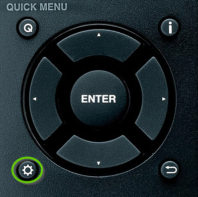 Onkyo remote control highlighting the settings button.