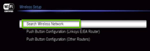 Onkyo wireless setup screen, highlighting the search wireless network option.