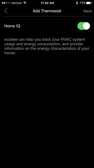 Home IQ feature toggle screen