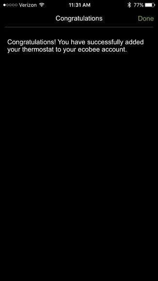 Thermostat registration confirmation screen