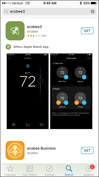 Ecobee iOS app landing page
