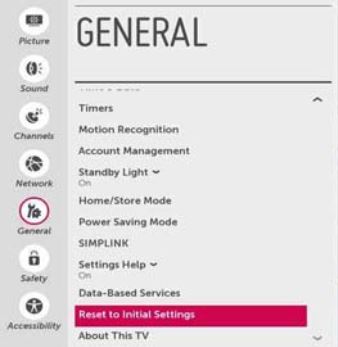 General Settings with Reset to Initial Settings selected. Screenshot.