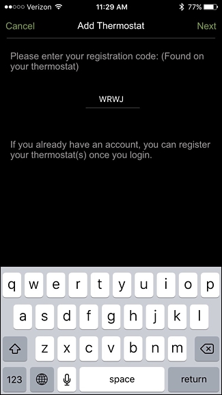 Regsitration code entry screen in Ecobee mobile app