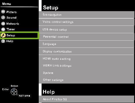 Panasonic TV menu with the setup option highlighted.