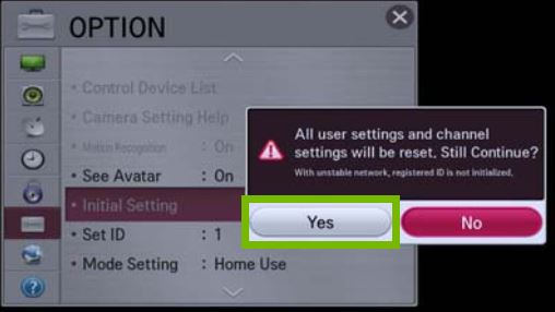All user settings and channel settings will be reset prompt, with Yes selected. Screenshot.