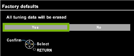 Panasonic TV factory defaults menu with the yes option highlighted.