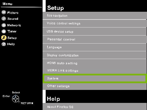 Panasonic TV setup menu with the system option highlighted.
