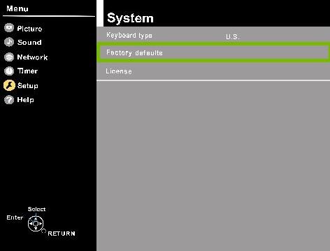 Panasonic TV setup menu with the factory defaults option highlighted.