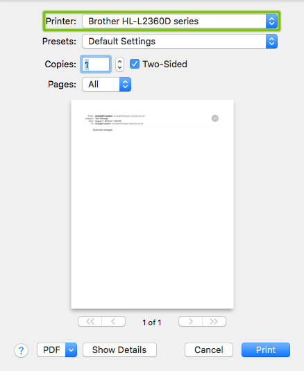 Print dialog with Printer highlighted.