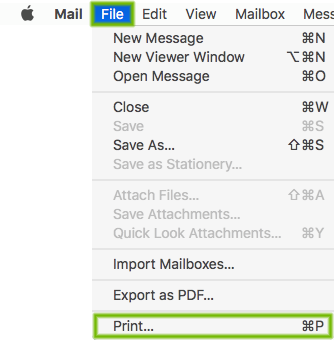macOS File menu with Print highlighted.