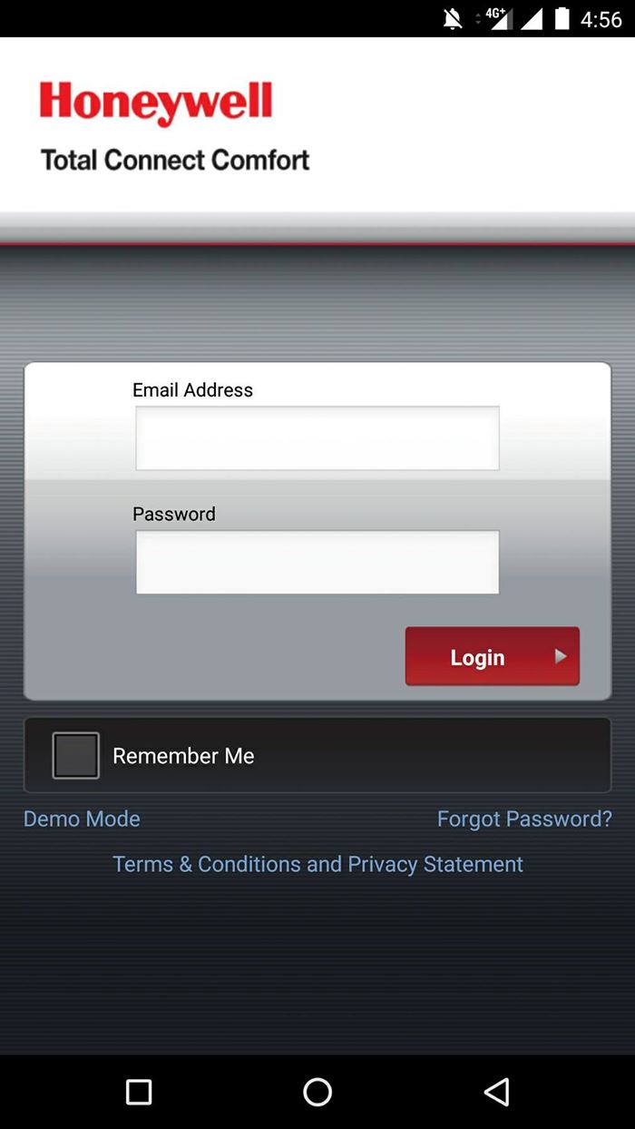 Total Connect Comfort app login. Email Address, Password. Screenshot.