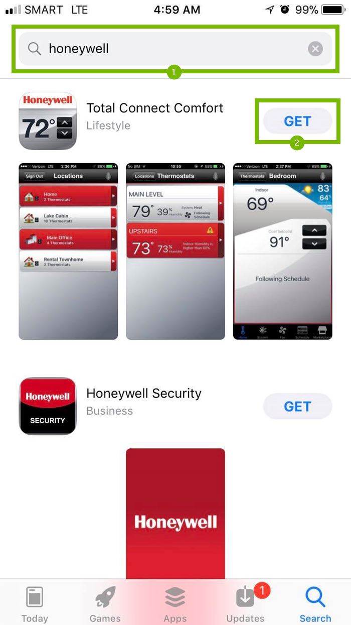 Honeywell app with Get button selected. Screenshot.