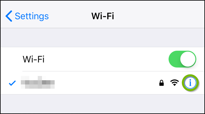 iOS Wi-Fi menu highlighting the information icon.