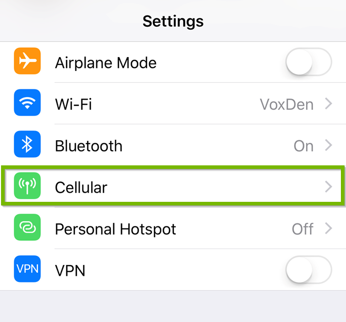 iOS Settings menu highlighting the cellular option.