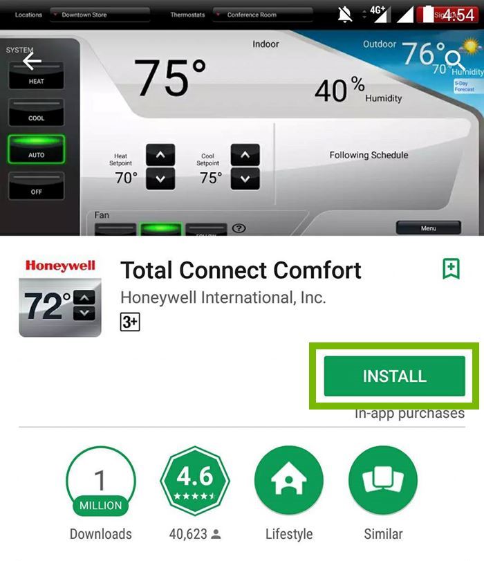 Total Connect Comfort app with Install button selected. Screenshot.