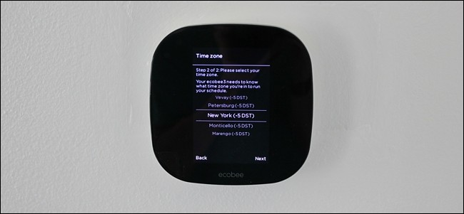Time zone selection screen in thermostat setup.