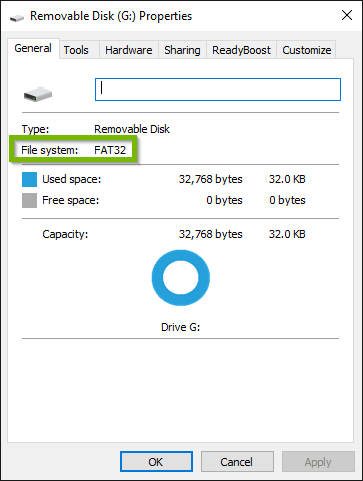 File system info highlighted on USB drive properties popup.