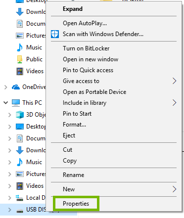 USB Disk Right-Click menu with Properties highlighted.