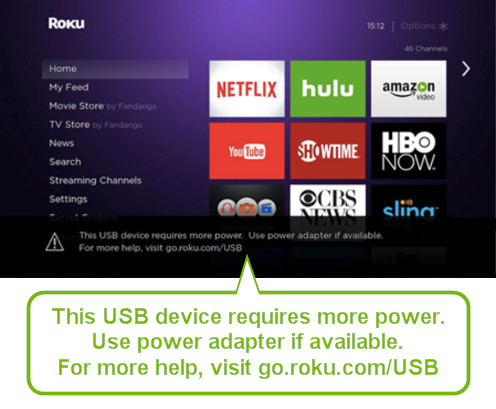 Roku screen showing USB drive needs more power.