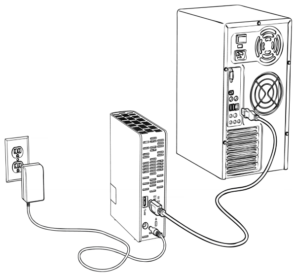 External USB drive being connected to power and other device.