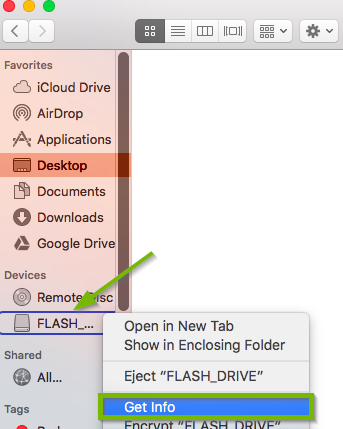 USB drive pointed out in Finder and Get Info option highlighted on popup menu.