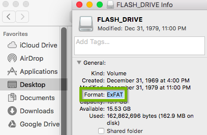 Filesystem highlighted on USB drive info popup.