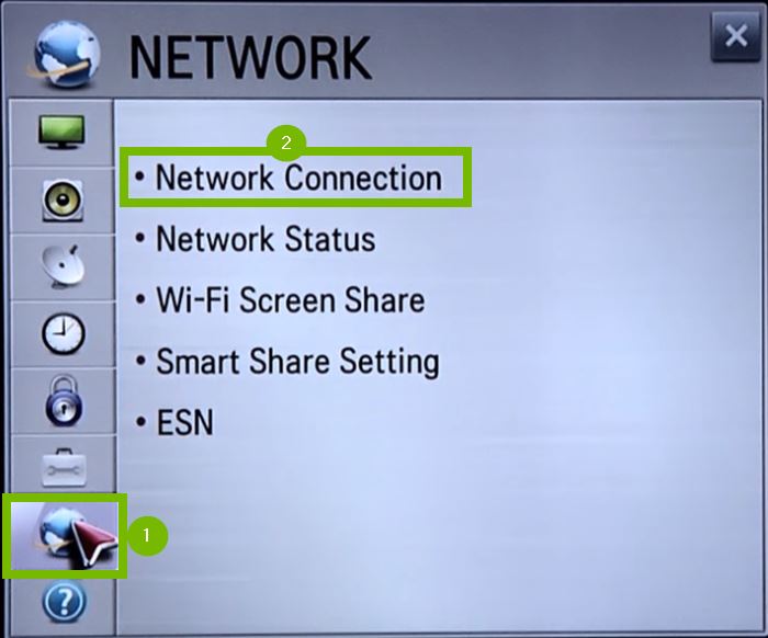Network menu with Network Connection selected. Screenshot.