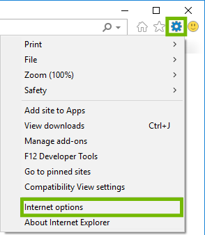 Settings with Internet Options highlighted.