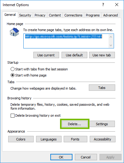 Internet Options with Delete button under Browsing History highlighted.