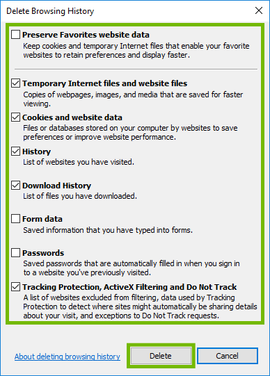Delete Browsing History options.