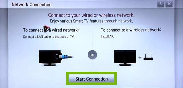 Network Connection setup with Start Connection selected. Screenshot.