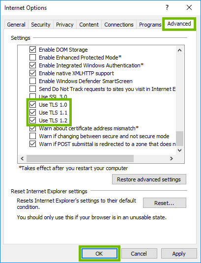 Internet Options with Advanced tab, Use TLS 1.0, Use TLS 1.1, Use TLS 1.2 and OK button highlighted.