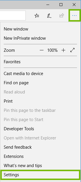 Menu with Settings highlighted.