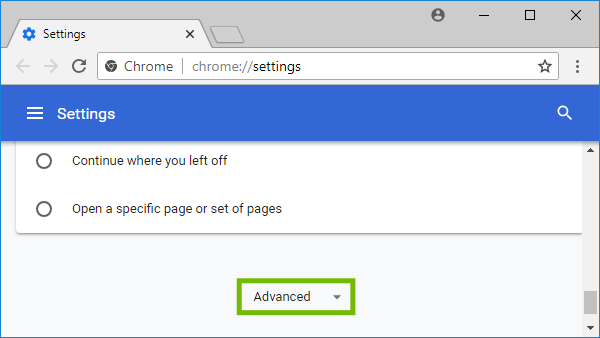 Chrome Settings with Advanced highlighted.