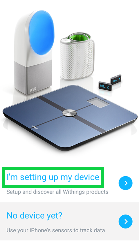 I'm setting up my device is highlighted