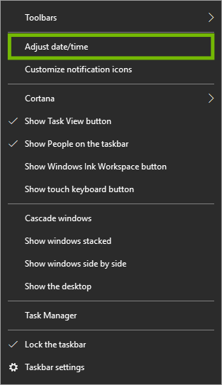 Context menu for clock with Adjust date time highlighted.
