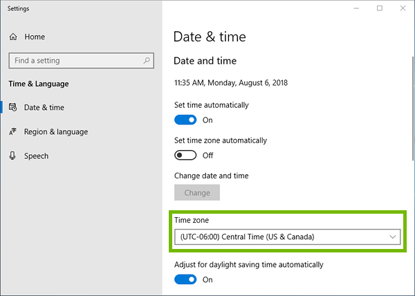 Date and time settings with Time zone highlighted.