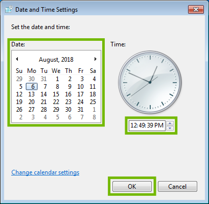 Date and time settings with calendar, time, and OK button highlighted.