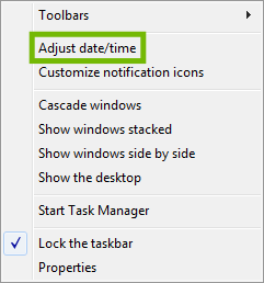Date and time context menu with Adjust date time highlighted.