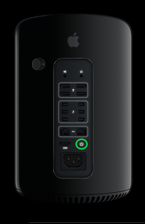 Apple Mac Pro with power button highlighted
