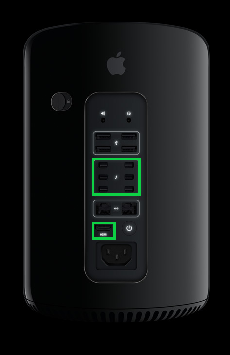 Apple Mac Pro with H D M I port and Thunderbolt ports highlighted
