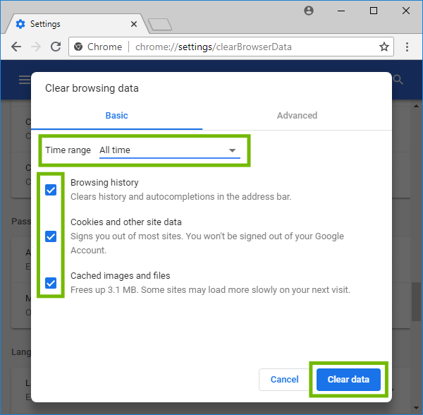 Clear browsing data with Time range, check boxes, and Clear data highlighted.